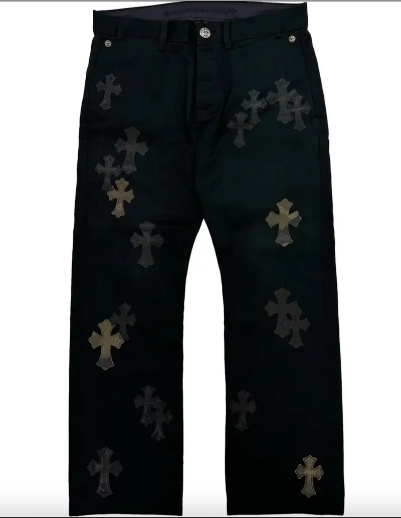 WhyIsEvrythingChrome Chrome Hearts Style Black Jeans Cheetah/Green Patches SS23