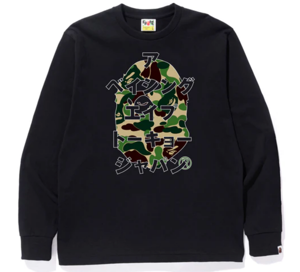 Bape Japanese Letters Big Ape Head L/S Tee ABC Camo Black/Green