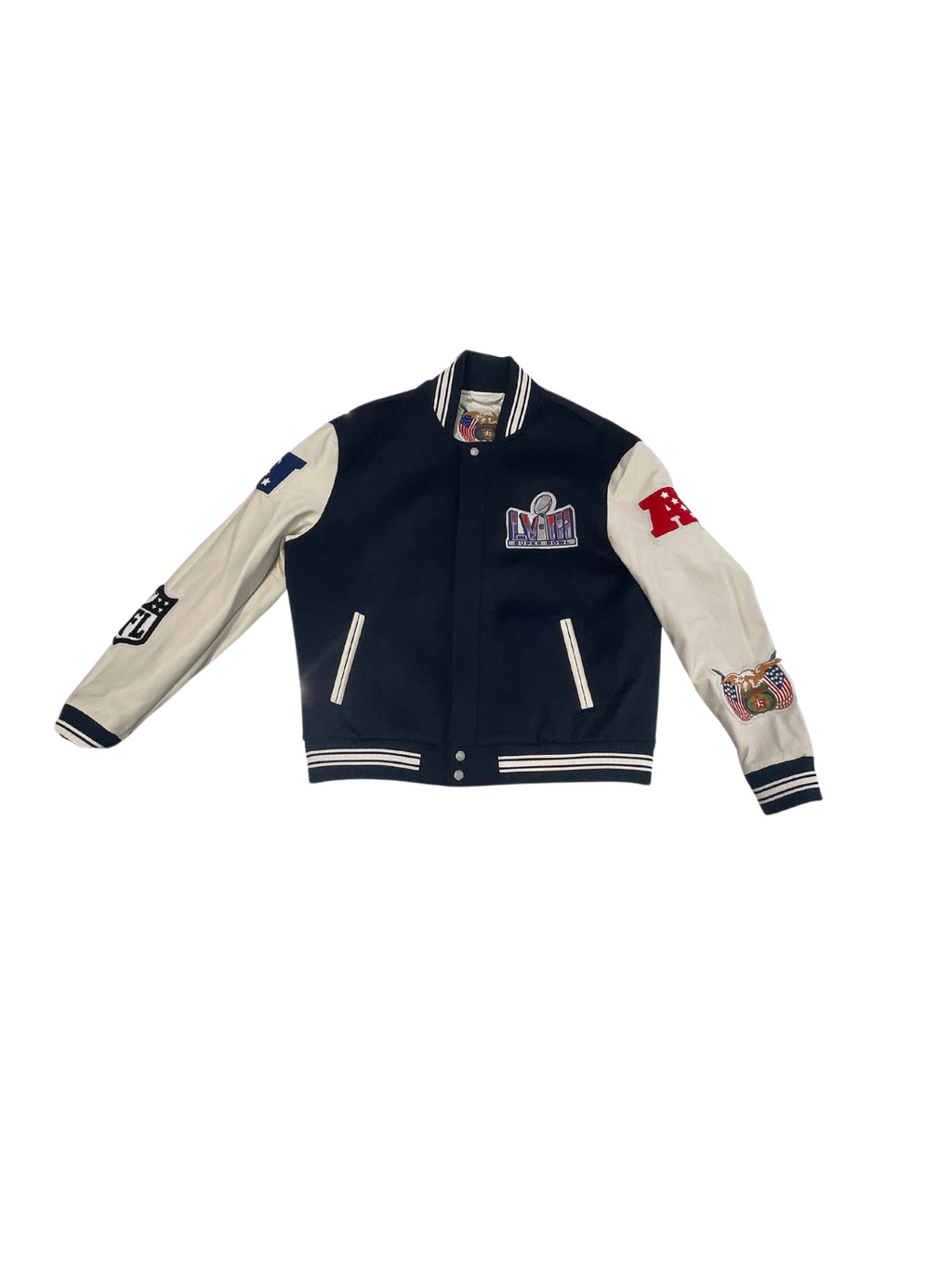 Jeff Hamilton - 2024 Super Bowl Wood and Leather Varsity Jacket - Navy blue/ Off White