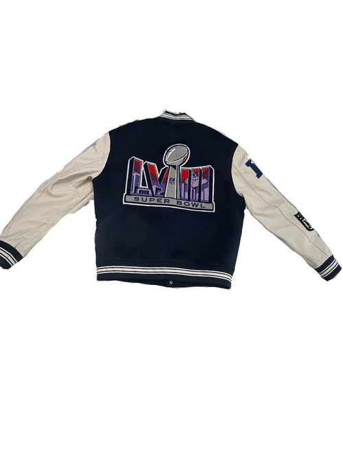 Jeff Hamilton - 2024 Super Bowl Wood and Leather Varsity Jacket - Navy blue/ Off White