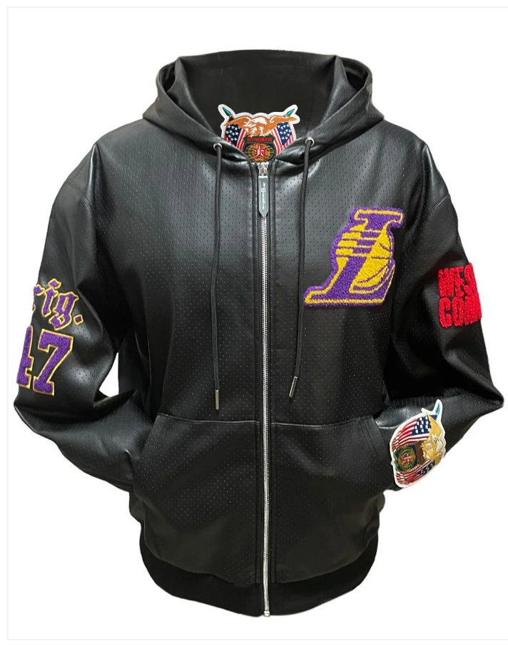 LOS ANGELES LAKERS 1947 LIGHTWEIGHT VEGAN ZIP-UP HOODED JACKET Black