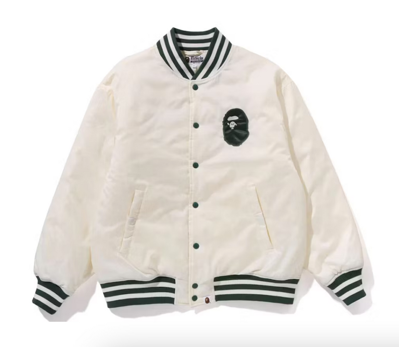 Bape Tonal Solid Camo Padded Varsitv Jacket Ivorv/Green