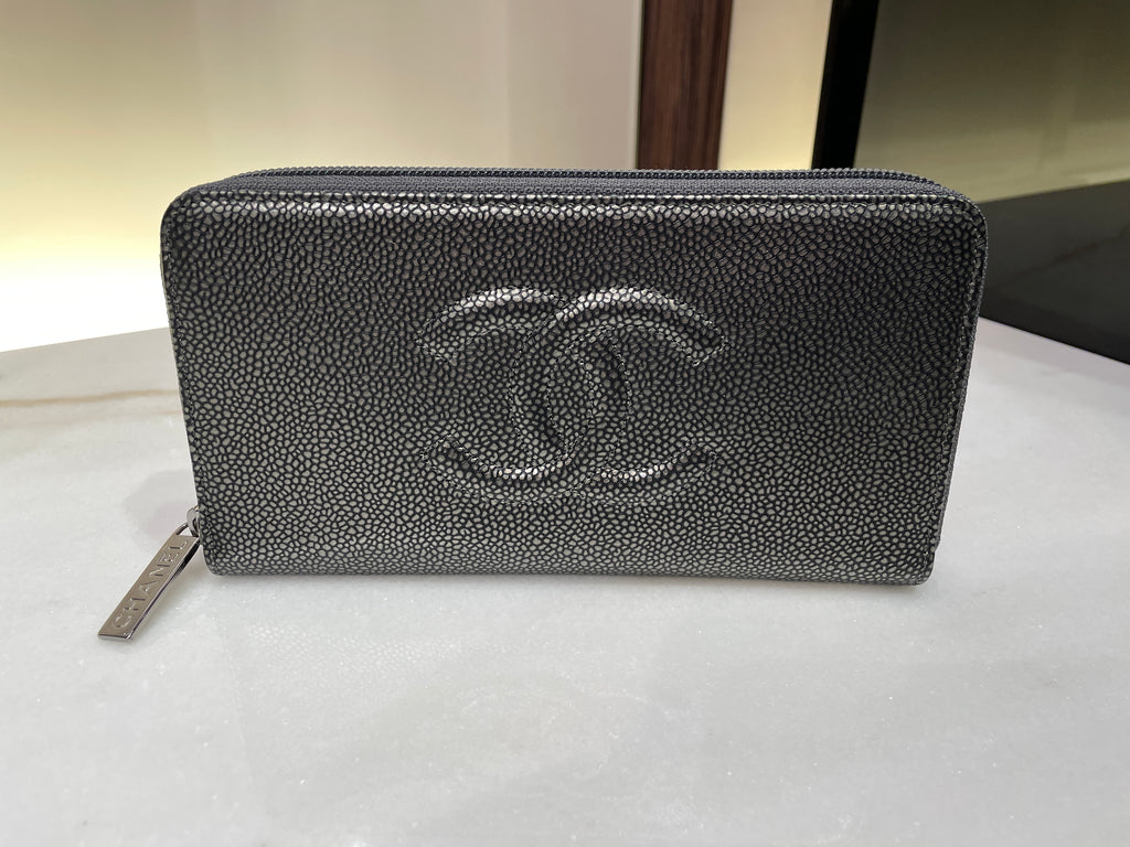 Chanel Caviar Silver Long Zip Wallet